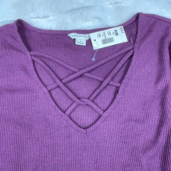 🔥NWT Aeropostale Criss Cross Long Sleeve Slim Fit Purple T-Shirt Women Size S - Picture 4 of 8